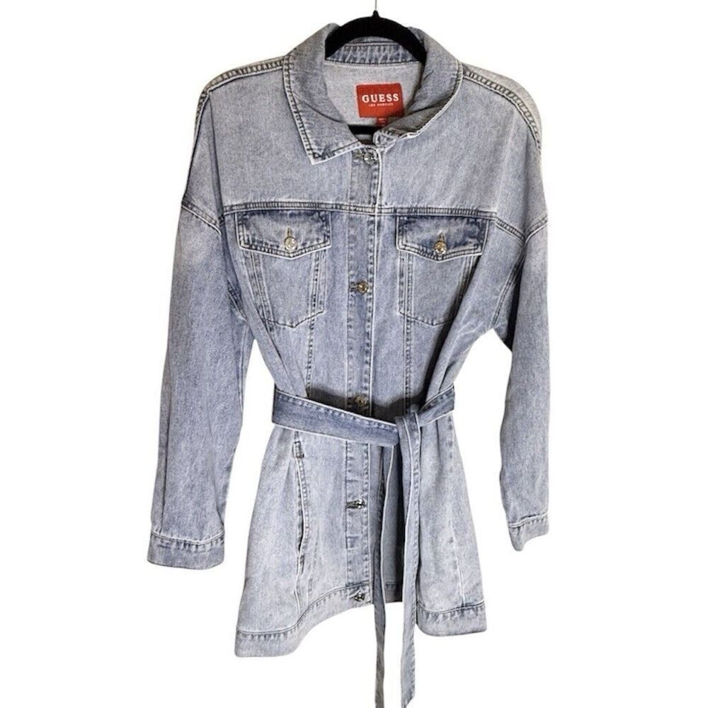Guess Kailah Longline Belted Stonewash Denim Jean Jacket Size Medium
